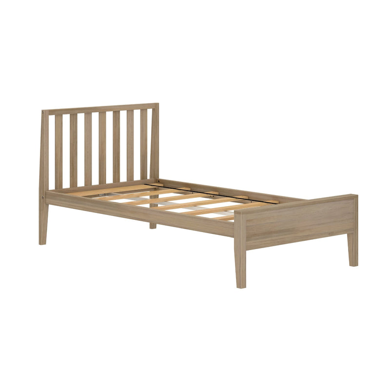 Natural oak wooden platform bed frame with vertical slatted headboard and wooden slats, minimalist modern bedroom furniture