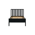 Modern black wooden platform bed frame with vertical slatted headboard and exposed wooden support slats on white background