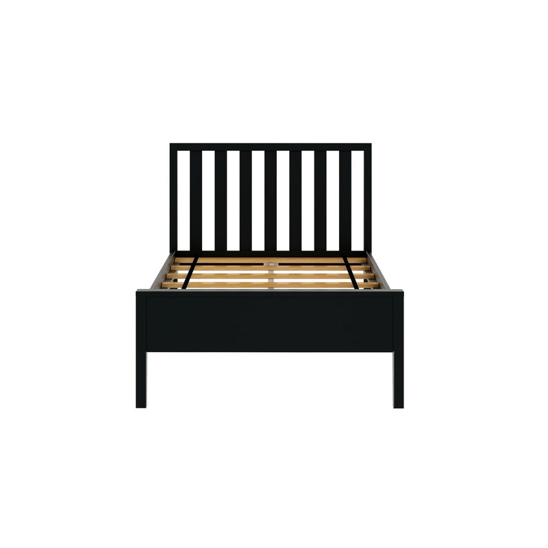 Modern black wooden platform bed frame with vertical slatted headboard and exposed wooden support slats on white background
