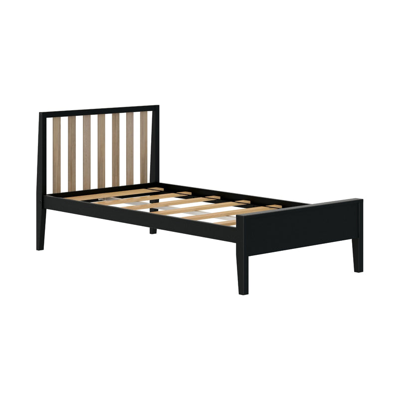 Black wooden platform bed frame with vertical slatted light-wood headboard and wooden slats, modern minimalist bedroom furniture