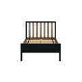 Modern black platform bed frame with vertical wooden slatted headboard and wooden mattress slats