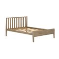 Natural oak wood platform bed frame with vertical slatted headboard and exposed slat support, minimalist modern bedroom furniture