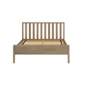 Natural oak wooden platform bed frame with vertical slatted headboard and exposed slatted mattress base