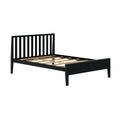 Black wooden platform bed frame with vertical slatted headboard and wooden slats, modern minimalist bedroom furniture