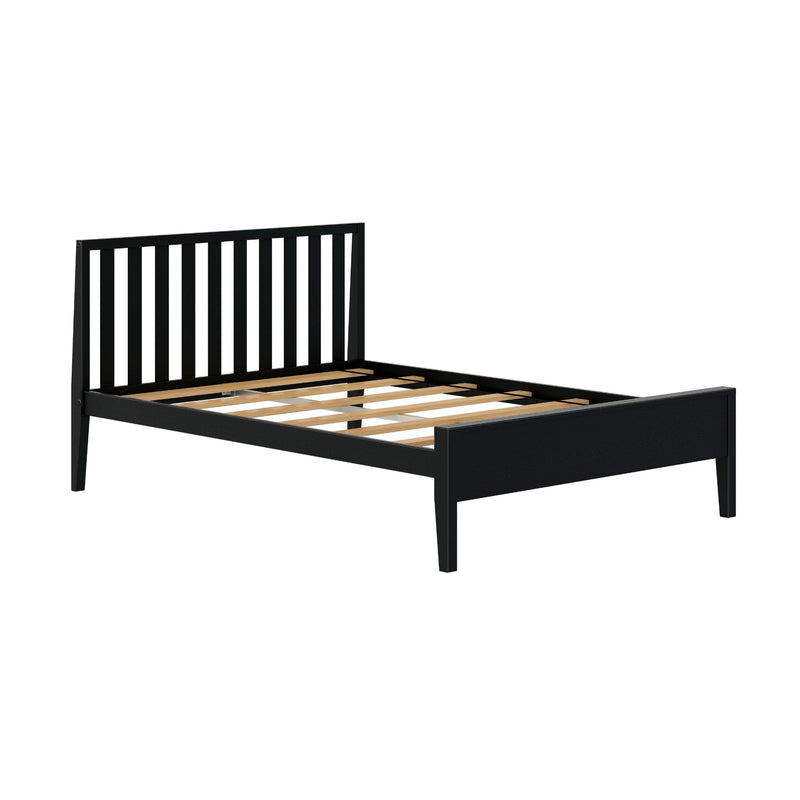 Black wooden platform bed frame with vertical slatted headboard and wooden slats, modern minimalist bedroom furniture