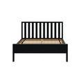 Black wooden platform bed frame with vertical slatted headboard and exposed wooden slats, modern minimalist bedroom furniture