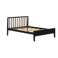 Modern black platform bed frame with vertical wood-slat headboard and wooden slats