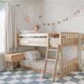 Light wooden bunk bed in modern neutral kids bedroom with smiling child on top bunk, checkered blue rug, bunting garland, cozy bedding and stuffed animals