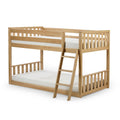 Solid wood twin-over-full bunk bed in natural oak finish with slatted guardrails, angled ladder and mattresses — space-saving kids loft bed