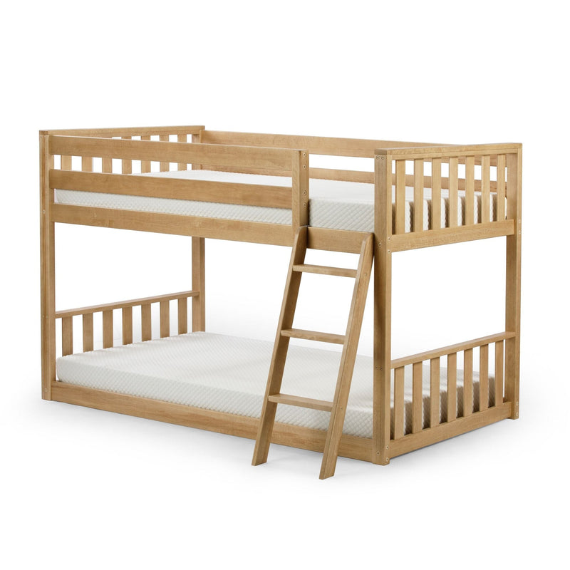 Solid wood twin-over-full bunk bed in natural oak finish with slatted guardrails, angled ladder and mattresses — space-saving kids loft bed