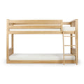 Light natural wood bunk bed with ladder, space-saving sturdy wooden frame for kids' bedrooms, modern farmhouse style.