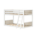 White wooden bunk bed with natural wood slats and side ladder, modern twin-over-twin kids' loft bed