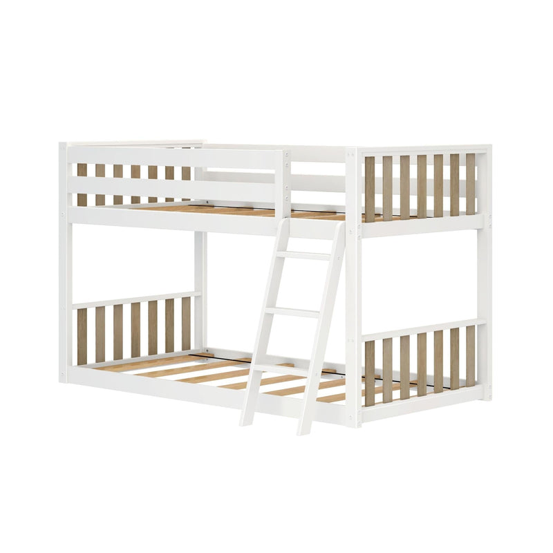 White wooden bunk bed with natural wood slats and side ladder, modern twin-over-twin kids' loft bed