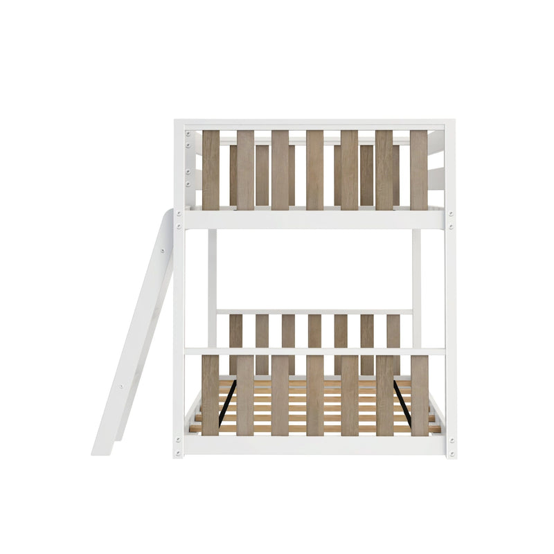 Modern white loft bed frame with natural wood slat panels and angled ladder, sturdy slatted base for twin mattresses