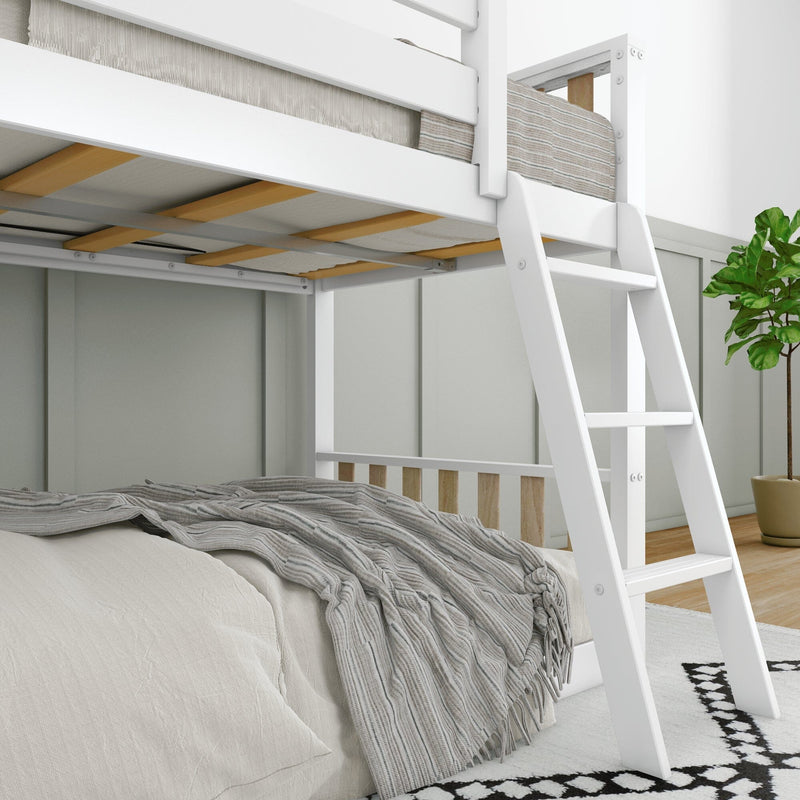 White loft bed with ladder, wooden slats and neutral striped bedding with gray throw in modern bedroom