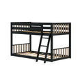 Black wooden bunk bed frame with ladder and slatted natural wood guardrails, twin-over-full loft bed platform for kids, modern space-saving bedroom furniture