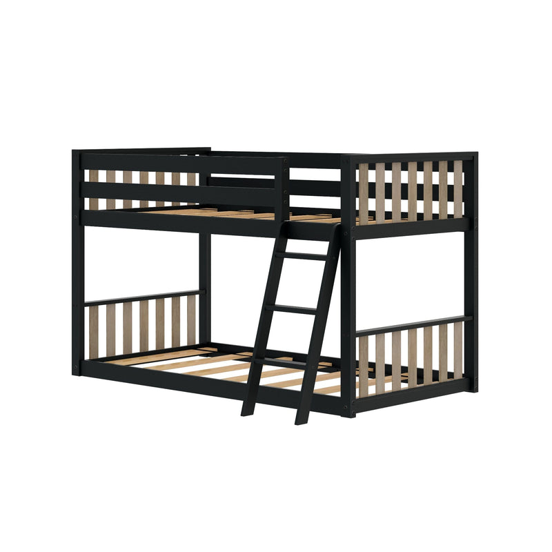 Black wooden bunk bed frame with ladder and slatted natural wood guardrails, twin-over-full loft bed platform for kids, modern space-saving bedroom furniture