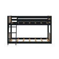 Black wooden loft bunk bed frame (twin-over-twin) with ladder and wooden slatted mattress supports for kids' bedroom