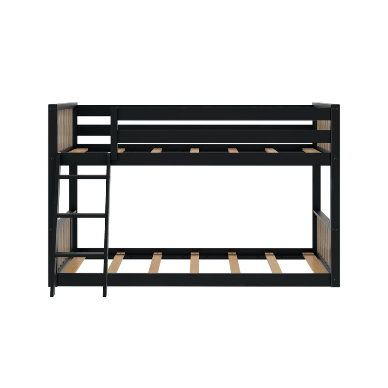Black wooden loft bunk bed frame (twin-over-twin) with ladder and wooden slatted mattress supports for kids' bedroom