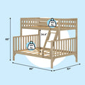Natural wood twin-over-full loft bunk bed with ladder and slatted guardrails, 80" L x 57" W x 65" H, 34.4" clearance, 400 lb capacity per bed