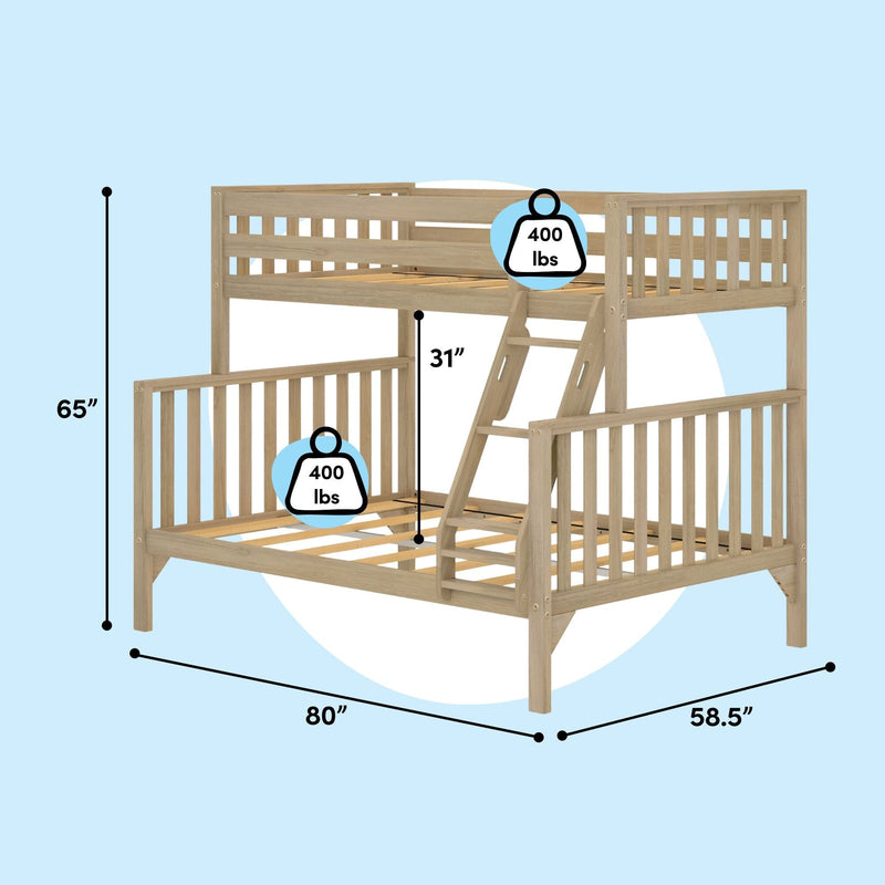 Natural wood twin-over-full loft bunk bed with ladder and slatted guardrails, natural oak finish, 400 lb weight capacity icons and product dimensions labeled 80 in × 58.5 in × 65 in on a light blue background
