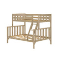 Natural oak twin-over-full wooden bunk bed with angled ladder, slatted guardrails and space-saving loft design