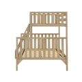 Light natural wood twin-over-twin bunk bed with slatted safety rails and angled ladder, minimalist design