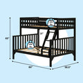 Black wooden loft bunk bed with ladder and guardrails, wood-slat platform, 400 lb weight capacity per bed, dimensions 80" L × 58.5" W × 65" H on light blue background.