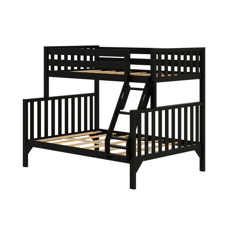 Black wooden loft-style bunk bed with ladder, slatted guardrails and platform slats — space-saving modern bed frame for kids and teens