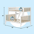 White wooden twin-over-full loft bunk bed for kids with ladder, slatted natural-wood guardrails and 400 lb weight capacity, shown with dimensions 80″ L × 57″ W × 65″ H