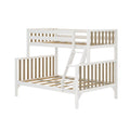 White wooden loft/bunk bed frame with natural wood vertical slats and angled ladder, modern minimalist children's bedroom furniture on white background