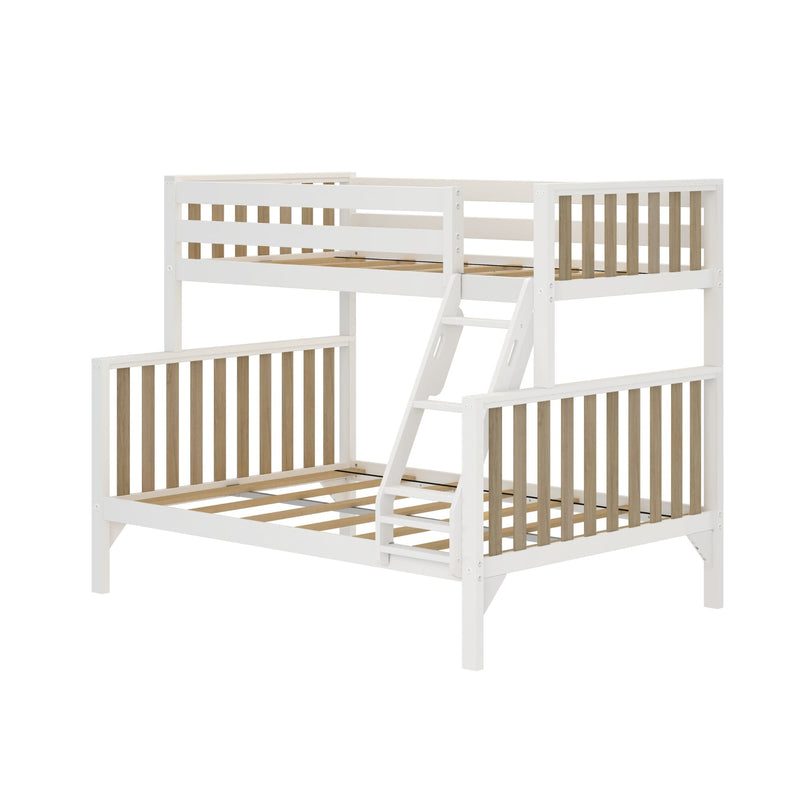 White wooden loft/bunk bed frame with natural wood vertical slats and angled ladder, modern minimalist children's bedroom furniture on white background