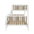 Modern white wooden loft bunk bed with natural wood vertical slat guardrails, integrated staircase and slatted mattress supports — space‑saving children's bed