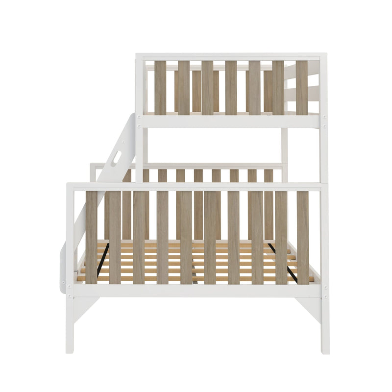Modern white wooden loft bunk bed with natural wood vertical slat guardrails, integrated staircase and slatted mattress supports — space‑saving children's bed