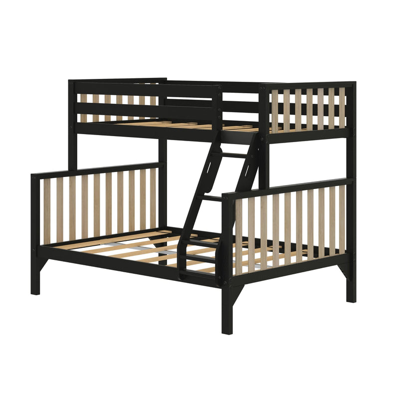 Black wooden bunk bed frame with natural wood slats, built-in ladder and guardrails, twin-over-full platform design for kids' bedroom