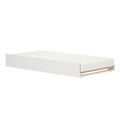 White modern space-saving trundle bed with quilted mattress and low-profile wooden slats, ideal for guest rooms and small apartments