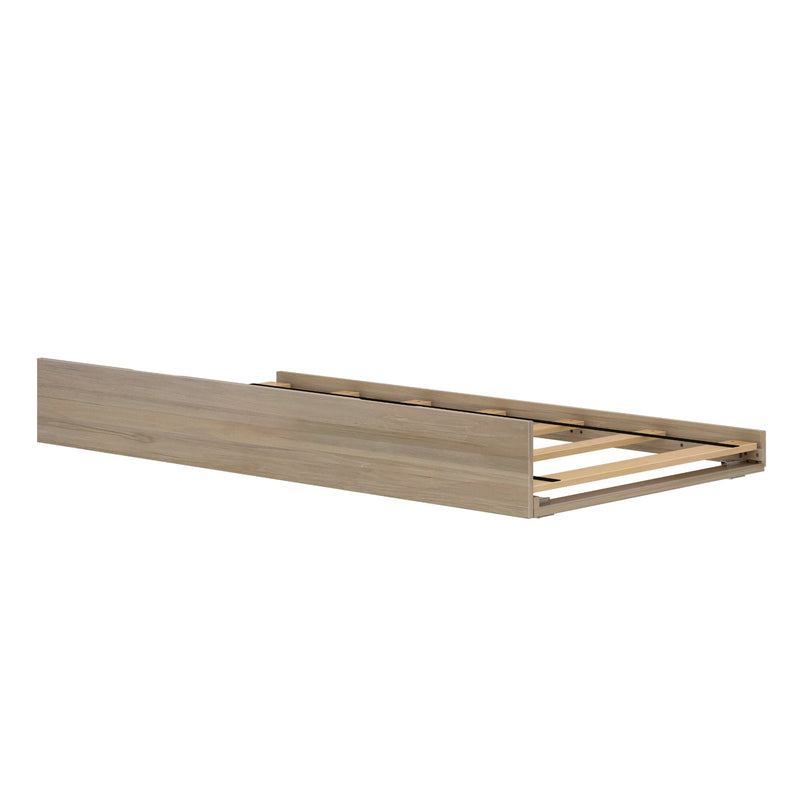 Light oak wooden trundle bed frame with slatted base for twin mattress, underbed storage drawer, minimalist design