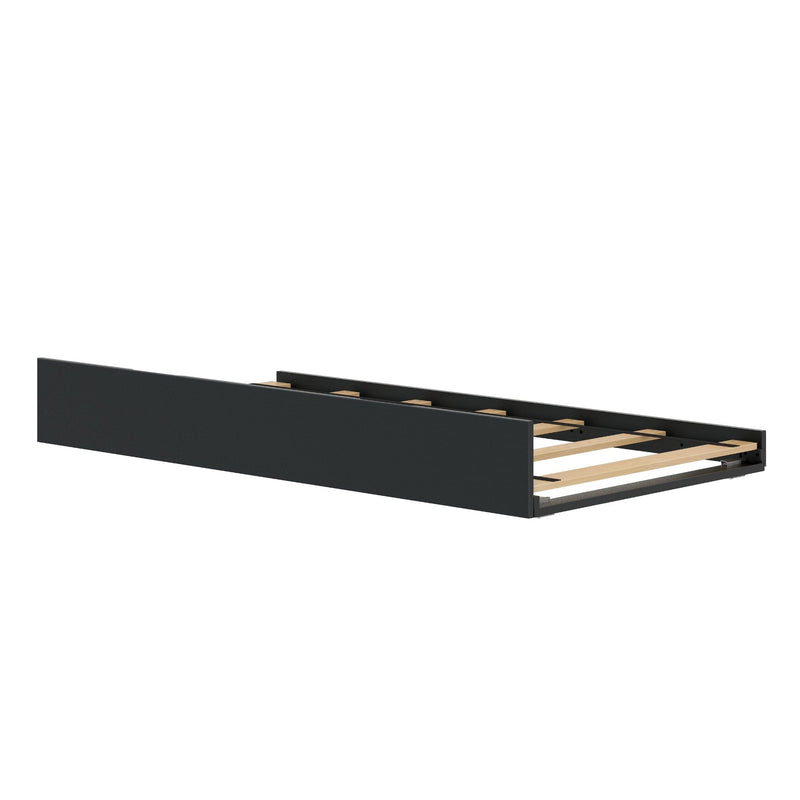 Black pull-out trundle bed frame with wooden slats, low-profile underbed platform for single mattress and space-saving storage solution