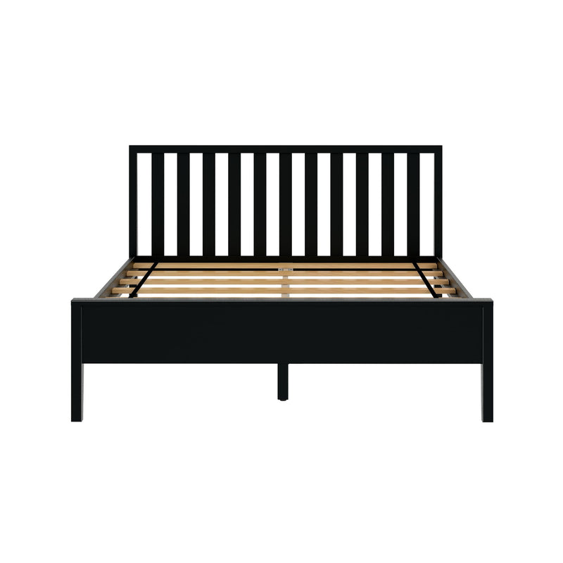 Black wooden platform bed frame with vertical slatted headboard and wooden slats, modern minimalist bedroom furniture