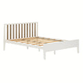 White wooden platform bed frame with vertical slatted natural wood headboard and wooden slats