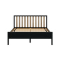 Black metal platform bed frame with vertical natural wood slat headboard and wooden slat mattress support, modern industrial bedroom furniture
