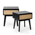 Pair of mid-century modern black and natural wood nightstands bedside tables with single drawer and tapered legs