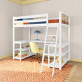Modern white loft bed with built-in desk and ladder in kids bedroom, yellow swivel chair, blue desk lamp, orange geometric rug and patterned wallpaper