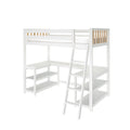 White wooden loft bed with ladder, built-in desk and open storage shelves, natural wood slat guardrail, modern space-saving kids bedroom furniture