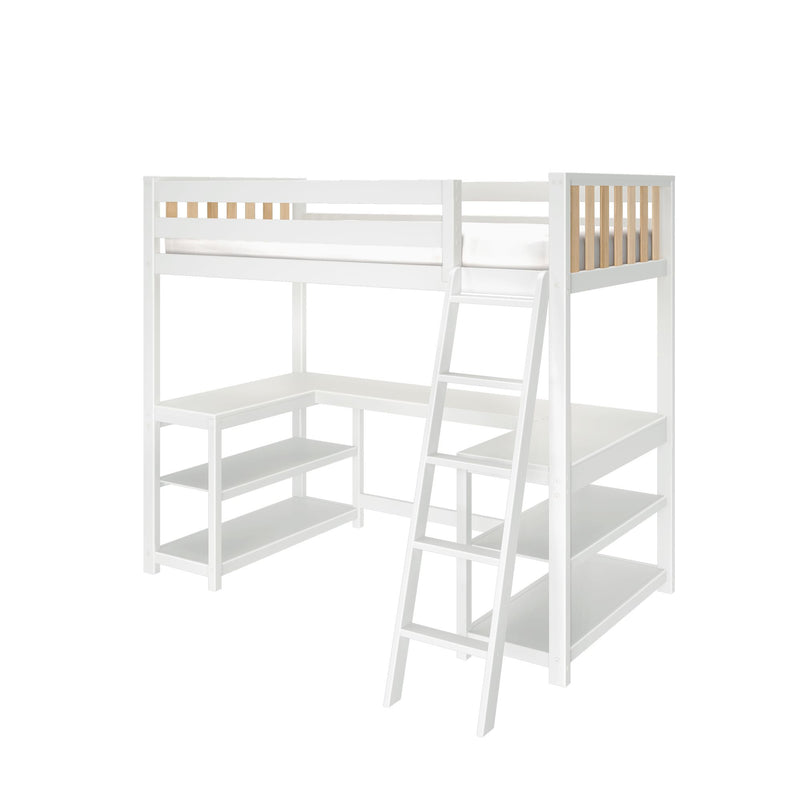 White wooden loft bed with ladder, built-in desk and open storage shelves, natural wood slat guardrail, modern space-saving kids bedroom furniture
