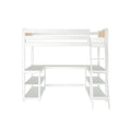 White loft bed with ladder, built-in desk and open shelving underneath, space-saving modern kids' bedroom furniture with wood slat accents