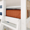White wooden bunk bed with ladder, orange bedding and navy pillow against gold chevron wallpaper in modern kids' bedroom