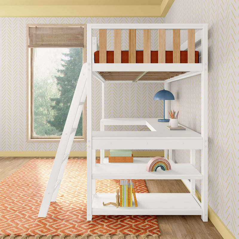 Modern white kids loft bed with built-in desk and ladder, wood slat guardrail, blue desk lamp, books and rainbow toy