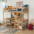 Modern wooden kids loft bed with ladder, built-in desk and storage bins in a children's bedroom with blue bedding, circular rug and motivational wall banner