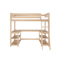 Light natural wood loft bed with built-in desk, ladder and open shelving, minimalist kids' single loft bed with white mattress